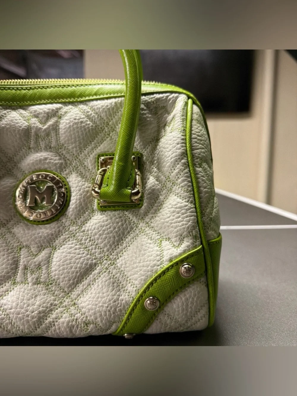 Metrocity Italy White‎ Lime Green Quilted Leather Satchel Handbag Gold Hardware